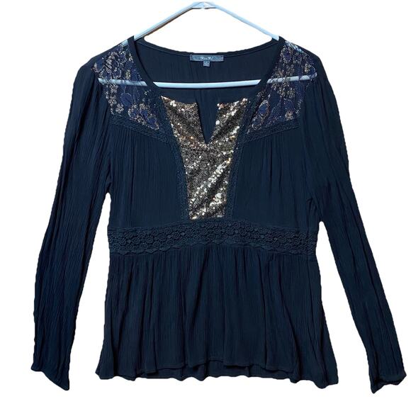 Miss Me Women’s Black Long Sleeve Sequin Lace Top Size L Boho - Picture 1 of 8